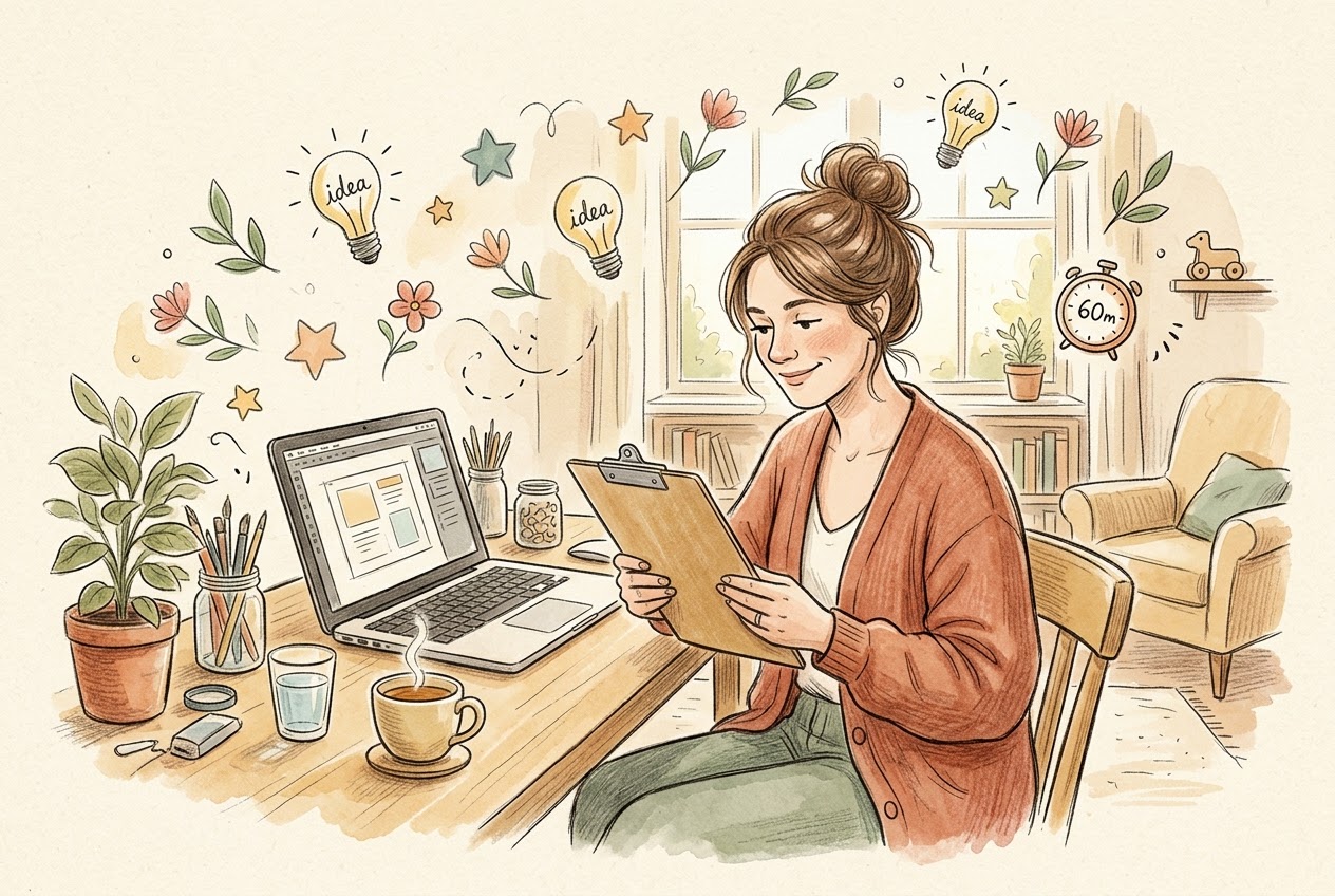 Warm watercolor editorial sketch of a working mom at her desk designing a 1-page digital printable in 60 minutes