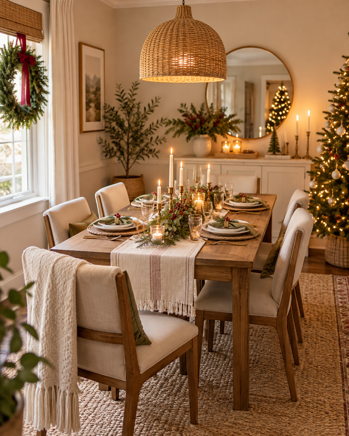 Cozy Christmas dining room with compact table and warm lighting