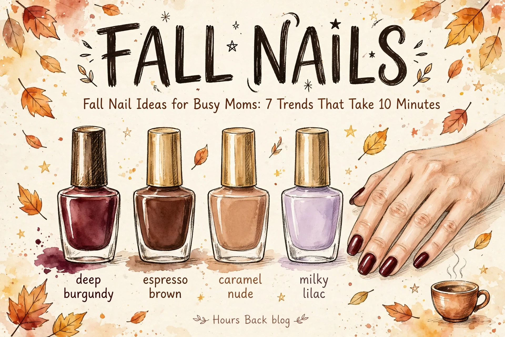 Fall nail polish bottles in burgundy, espresso, caramel nude and milky lilac with a burgundy manicured hand
