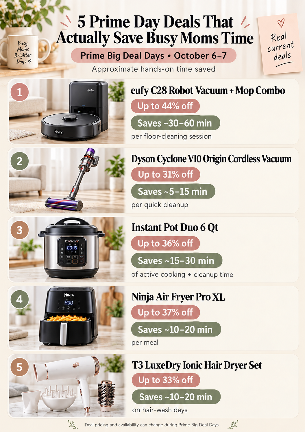 Five Prime Big Deal Days products that can save busy moms time, including a robot vacuum, cordless vacuum, Instant Pot, air fryer, and hair dryer.